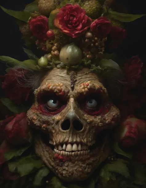 Horror,  Monster, Creature, "cheseecake zombie in the style of Giuseppe Arcimboldo", surreal hallucinatory intricately detailed sharp focus