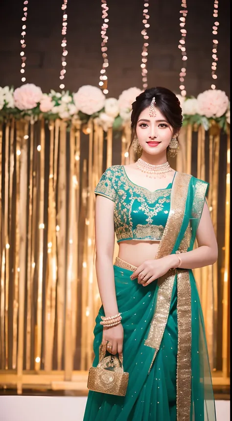 beautiful Indian girl wearing traditional attire with a great figure and background in wedding with dema lighting