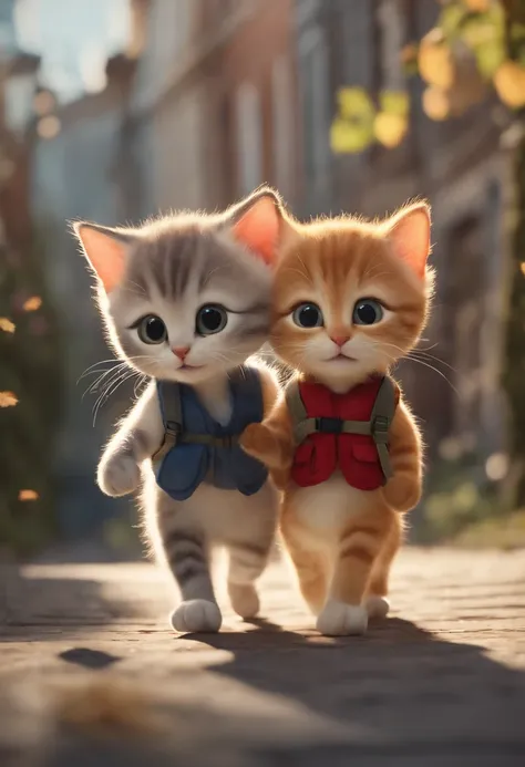 I have two little kittens, a cute little cat, cute kittens, Cutest, Incredibly cute, Adorable and cute, And cute and lovely. They are walking down the street with backpacks, Walking together, commute, Proudly walk down the street, And the cat is walking. T...