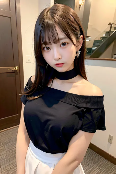 top-quality、超A high resolution、(Photorealsitic:1.4)、女の子1人、Off-shoulder white shirt、Black tight skirt、Black choker、(faded ash gray hair:1)、(huge-breasted:1.2)、looking at viewert、a closeup、９Year old woman, Father slapped on the ass, Midnight, in a house, Sho...