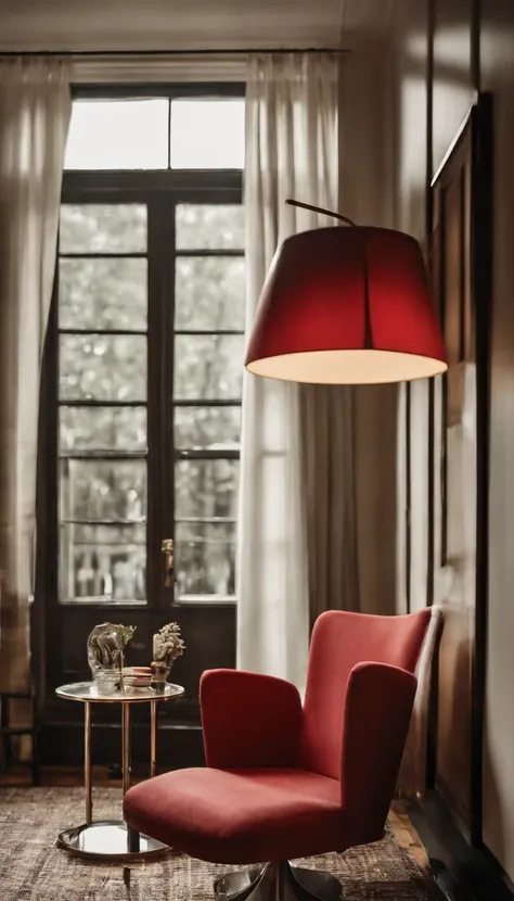 Uma sala branca com as paredes lisas, with minimalist décor accessories in beige and red, A red modern chair with stainless steel legs and a modern lampshade that has its support base on the light wood floor and rises almost to the ceiling in a stainless s...