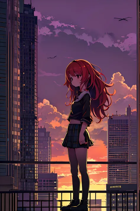 ((Best Illustration)) Brazilian girls, Red hair, Teenage body, Black top, Black tight skirt, black boots, Urban landscape, building, sky line, Sunset, Silhouette against the background of clouds, Contemplative.