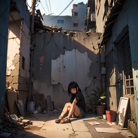 Theres a little girl sitting on the floor in a dirty alley., View from afar, young girl (Black hair, Ten years old, tattered clothes), sad, Sit by the wall, ruined city, Destroyed buildings, high-resolution, Best Quality, cinematic lighting, realistic deta...