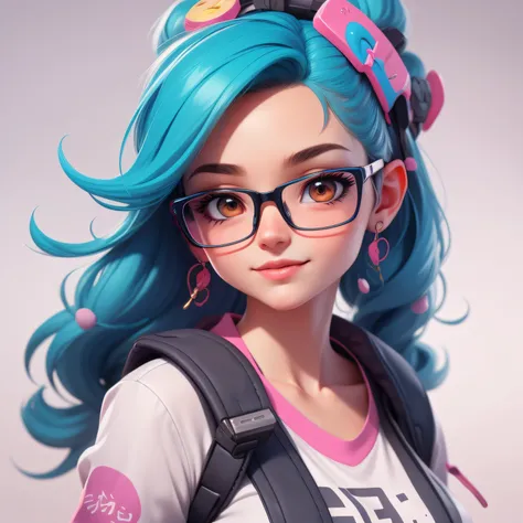 A super cute cute girl, Nerd, eye glass, full bodyesbian, Beautiful and sticky hair accessories, rich colourful, Delicateeyes, ssmile, Light and meticulous clothing, Clean background and bright 3D rendering, oc rendered, 8K, soft focus, Thin gloss super de...