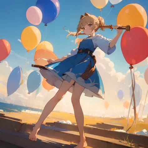 ((Masterpiece,Best quality)),1girll, Solo, Barefoot, Anime beautiful girl holding a flute，Saber hairstyle，Coffee-colored hair，Sky blue dress,balloons，fully body photo，Stand up, leg belt,Narrow waist, Slim legs