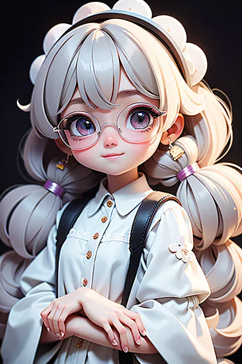 Loli Girl, Blend hair, taken, Modern accessories , eye glass, delicately detailed eyes, A delicate and delicate smile, milkyW, Perosant, holograph,  deep dark background