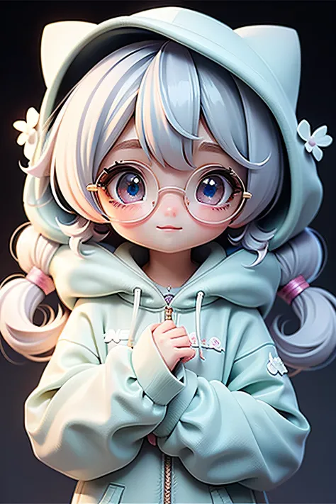 Loli Girl, Blend hair, taken, Modern accessories, hoods, Sweatshirt , eye glass, delicately detailed eyes, A delicate and delicate smile, milkyW, Perosant, holograph,  deep dark background