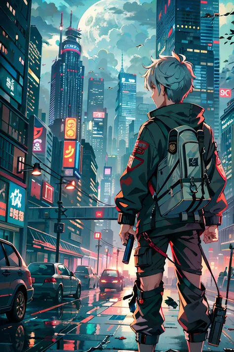 1boy,(15 years old boy:1.5)、Anime-style protagonist、Cyberpunk Boy、silber hair、Spiky hairstyle、machine gun、Japan sword on the back、Whole body bloody、Shot from the knee up、Looking at the camera、The beginning of the adventure、Lots of clouds,heavy fog、Big Moon...