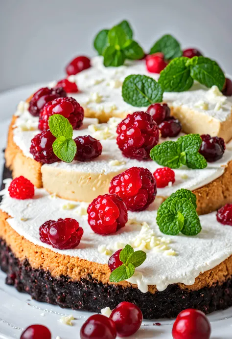 Cheesecake with tart cranberry sauce and white chocolate shavings, served with mint leaves and fresh berries. Earth made of cheesecake, trees made of chocolate, where little fairies are having a tea party. The fairies wear wings made of snowflakes and icic...