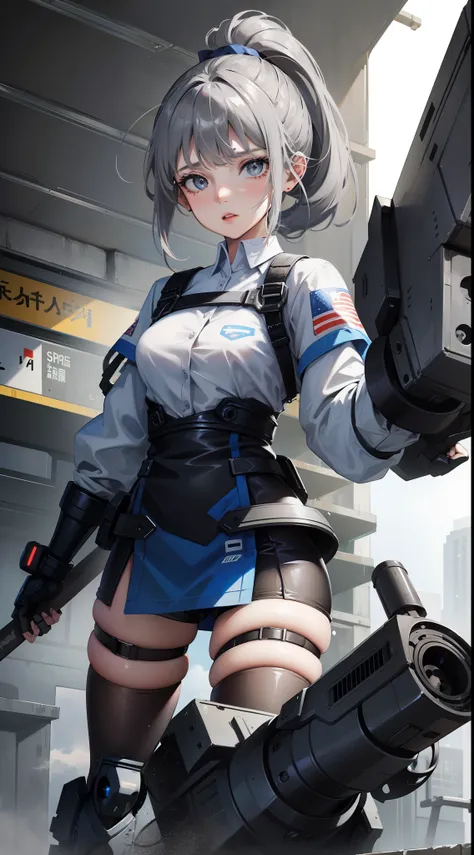 young girl, short gray hair, high ponytail, gray eyes, Blue Battle Shirt, upskirt, robot behind, arma, Masterpiece, hiquality, 4k, HD, Good detail