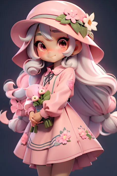 Chibi style girl with long hair pink, Sebas hat, Clear  eyes, shift dresses, Garden full of flowers