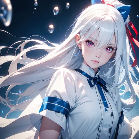 1girl,Albino, cute, white hair, long hair, beautiful, long hair,red eyes, wearing a white and blue dress, hair with a ribbon, cyberpunk, bubble light sparkling((8k, UHD, ultra realistic))