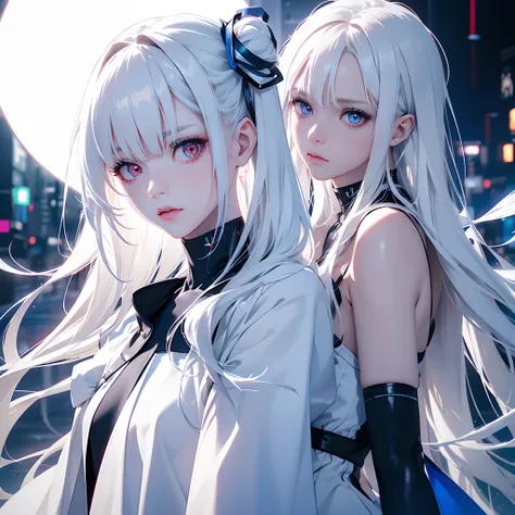 1girl,Albino, cute, white hair, long hair, beautiful, long hair,red eyes, wearing a white and blue dress, hair with a ribbon, cyberpunk, bubble light sparkling((8k, UHD, ultra realistic))