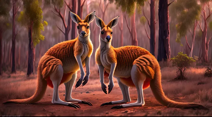 Kangaroos in the Australian bush in cinematic evening light