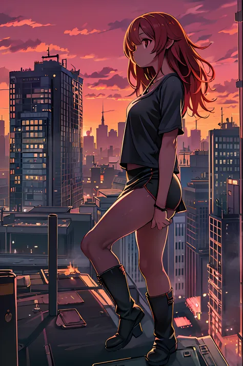 ((Best Illustration)) Brazilian girls, Red hair, Teenage body, Black top, Black tight skirt, black boots, Urban landscape, building, sky line, Sunset, Silhouette against the background of clouds, Contemplative.