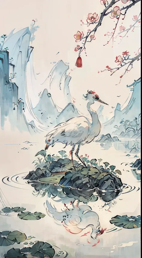 White crane painting in lotus pond, Chinese brush illustration, Chinese painting style, Chinese traditional painting, Chinese traditional ink painting, Chinese style painting, Chinese watercolor style, Chinese ink painting, beautiful artwork illustration, ...