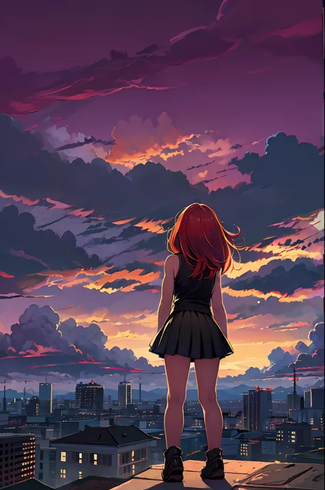 ((Best Illustration)) Brazilian girls, Red hair, Teenage body, Black top, Black tight skirt, black boots, Urban landscape, building, sky line, Sunset, Silhouette against the background of clouds, Contemplative.