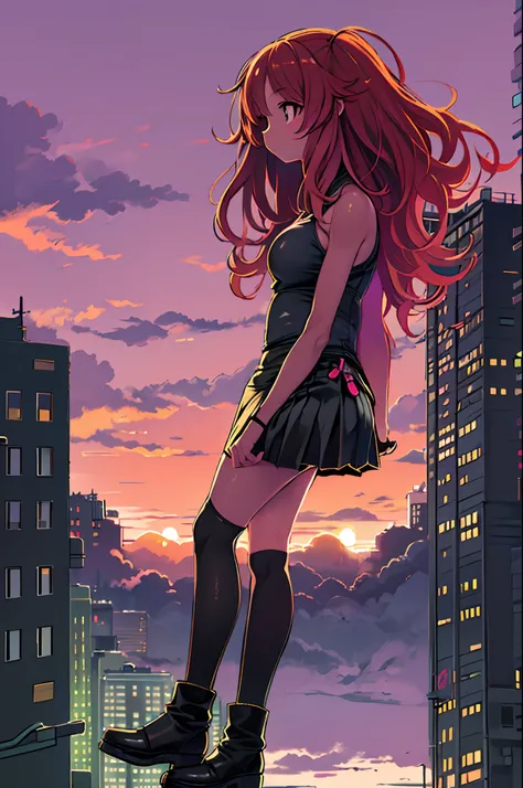 ((Best Illustration)) Brazilian girls, Red hair, Teenage body, Black top, Black tight skirt, black boots, Urban landscape, building, sky line, Sunset, Silhouette against the background of clouds, Contemplative.