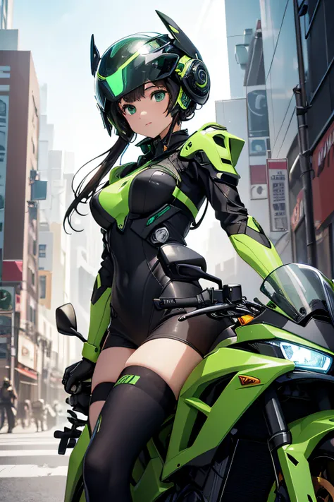 Highest image quality, outstanding details, ultra-high resolution, (realism: 1.4), the best illustration, favor details, highly condensed 1girl, with a delicate and beautiful face, dressed in a black and green mecha, wearing a mecha helmet, holding a direc...