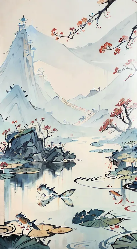 Painting of goldfish in lotus pond，chinese brush pen illustration，chinese painting style，Chinese traditional painting，Tradition Chinese Ink Painting，Chinese style painting，chinese watercolor style，China ink painting，Beautiful artwork illustration，Inspired ...