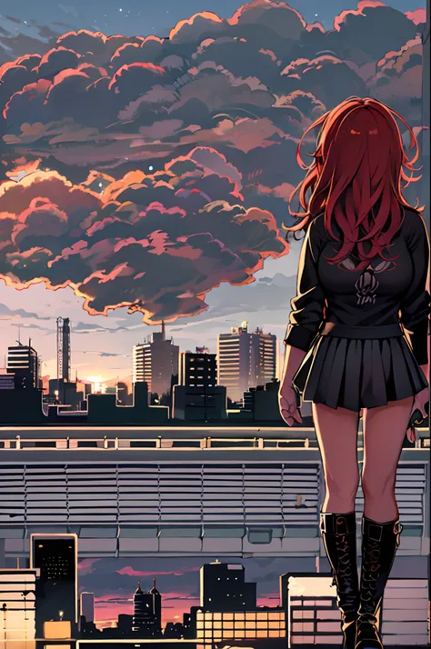 ((Best Illustration)) Brazilian girls, Red hair, Teenage body, Black top, Black tight skirt, black boots, Urban landscape, building, sky line, Sunset, Silhouette against the background of clouds, Contemplative.