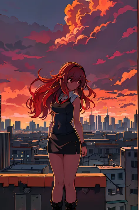 ((Best Illustration)) Brazilian girls, Red hair, Teenage body, Black top, Black tight skirt, black boots, Urban landscape, building, sky line, Sunset, Silhouette against the background of clouds, Contemplative.