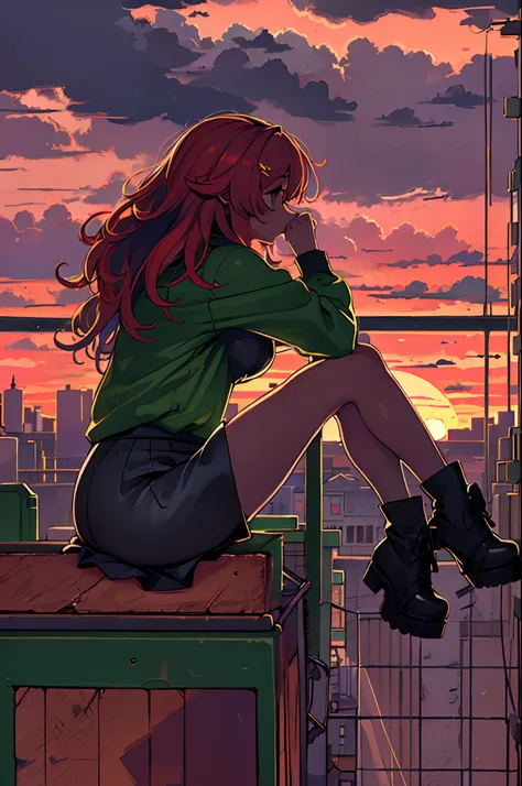 ((Best Illustration)) Brazilian girls, Red hair, Teenage body, Black top, Black tight skirt, black boots, Urban landscape, building, sky line, Sunset, Silhouette against the background of clouds, Contemplative.