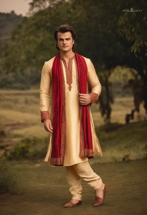 Steve Harrington wearing Indian traditional dress, kurta pajama, confident look, photoshoot at outdoor location