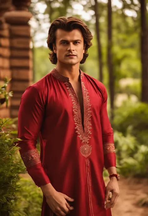 Steve Harrington wearing Indian traditional dress, kurta pajama, confident look, photoshoot at outdoor location