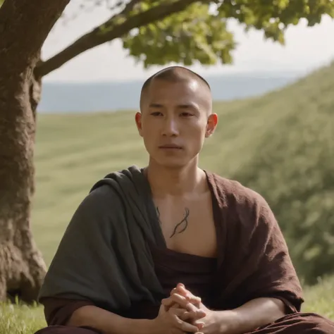 Close-up photo of monk meditating on grassy hill, under tree, Rune tattoos on his body, Wind blowing, serene ambiance