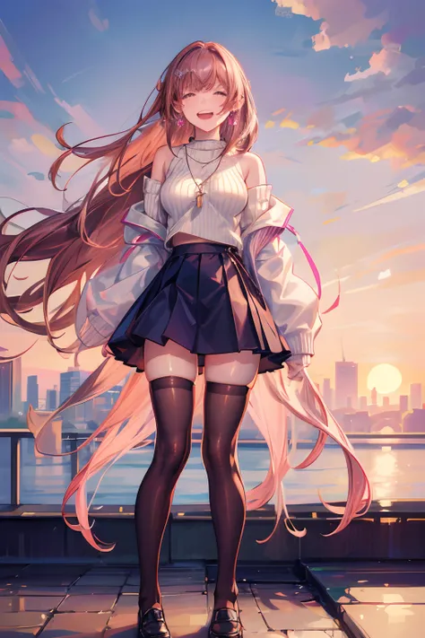 Masterpiece, Best quality, Dusk, Sunset, Cityscape, Real, Realistic, Huge_filesize, the wallpaper, Everyone, 2girls, Long hair, Medium hair, Laughing, Brown hair, Small breasts, seifuku, Pink hair, ribbed sweater, Off_Shoulder, white thighhighs, Earrings, ...