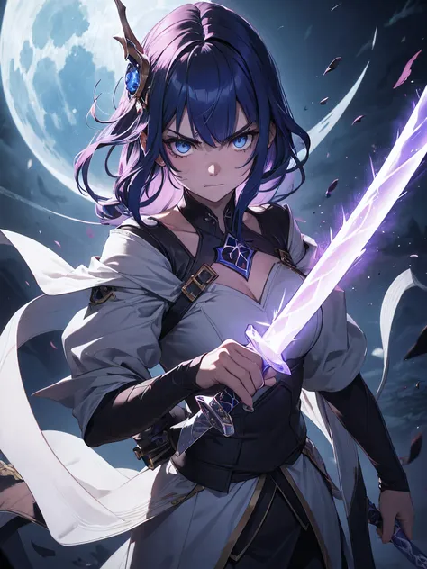 angry, blue light, sword in hand, top of sky, dark moon in background, blood on face