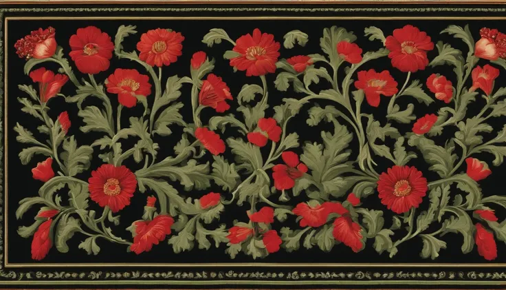 /imagine prompt: Verdi carpet aubusson illustration for a sticker with a black background, in bold outline style, jagged edges, all green with red mushroons fornasetti, light shading --tile