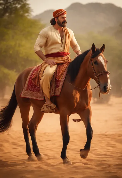 Jim Hopper wearing dhoti and gamcha, Indian traditional dress, realistic image, hyperrealistic, riding a horse, 8k image