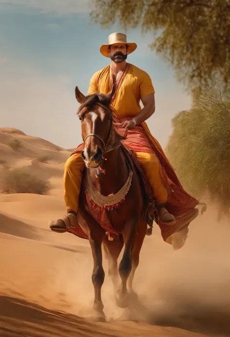 Jim Hopper wearing dhoti and gamcha, Indian traditional dress, realistic image, hyperrealistic, riding a horse, 8k image