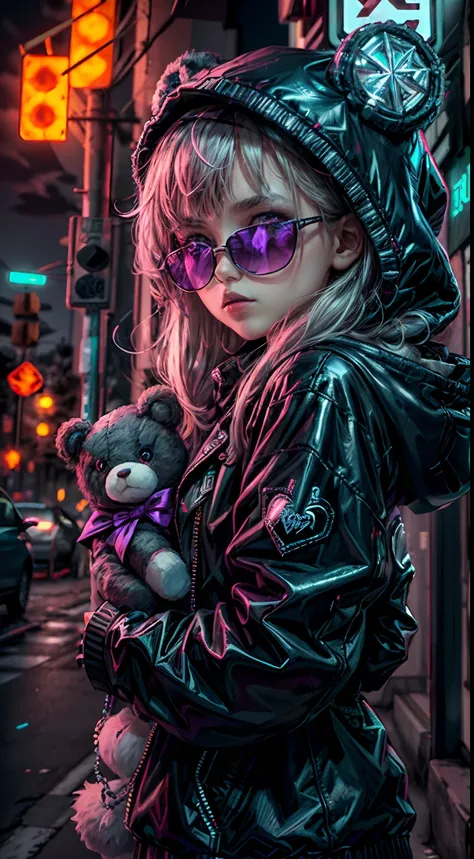 ((best quality)), ((masterpiece)), (very detailed: 1.3), 3d, neonnoir, beautiful cyberpunk loli, (holding teddy bear: 1), (weari...