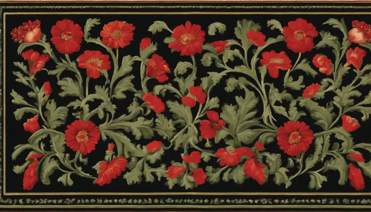 /imagine prompt: Verdi carpet aubusson illustration for a sticker with a black background, in bold outline style, jagged edges, all green with red mushroons fornasetti, light shading --tile