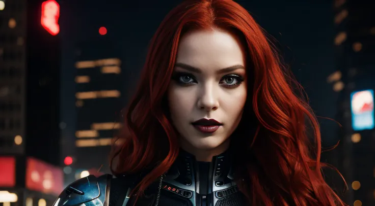 beautiful young cyborg woman with long flowing red hair with a cyberpunk urban background, high detail face, beautiful eyes, sensual lips, serious expression on her face, ((looking directly at viewer)), smoky eye make-up, black lipstick, vampire