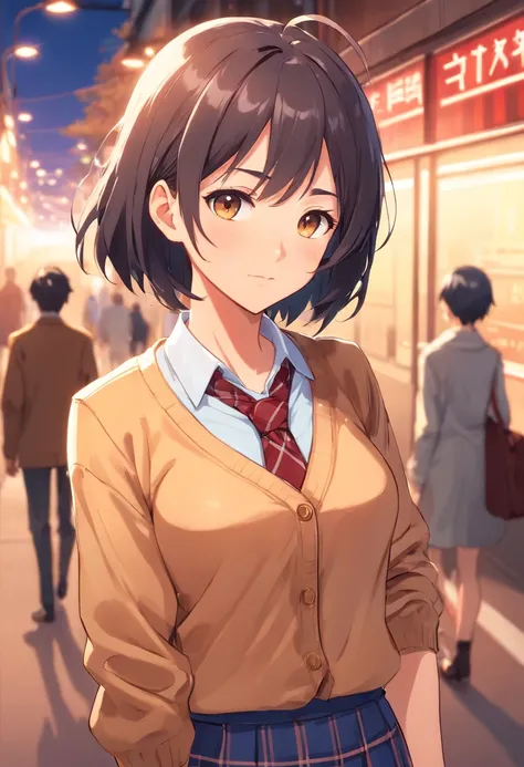 (sketch)1.4,High school teacher in uniform,30-years old, Black bob hair and glowing skin、and a perfect symmetrical face with blushing cheeks,(Big breasts), Wearing a light brown cardigan,Open white shirt and red tie,light brown cardigan,Dark blue mini skir...