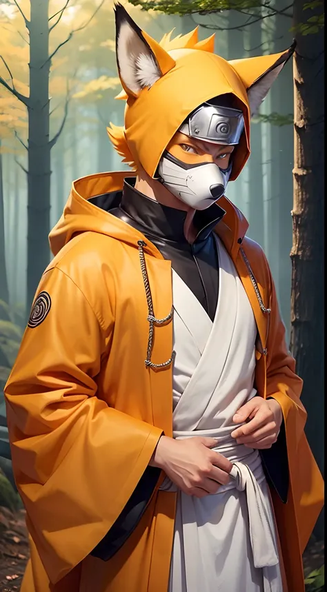 Man in fox mask, Naruto Uzumaki, orange clothes, white robe, short hair, yellow hair, blue eyes, forest, extremely detailed