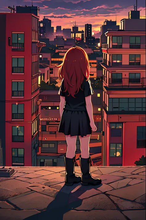 ((Best Illustration)) Brazilian girls, Red hair, Teenage body, Black top, Black tight skirt, black boots, Urban landscape, building, sky line, Sunset, Silhouette against the background of clouds, Contemplative. Lori、Young children