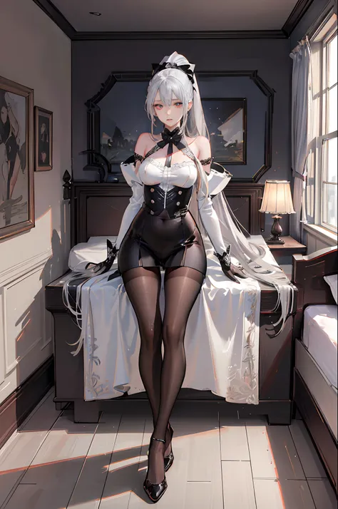 (low  angle shot), (1 girl), Ray tracing, (Dim lighting), (Detailed background (Bedroom)), ((Silver hair)), ((Silver hair)), (Fluffy silver hair, plump and slender girl) with high ponytail, Silvery-red pupils, In the ominous bedroom, (highly details eye:1....