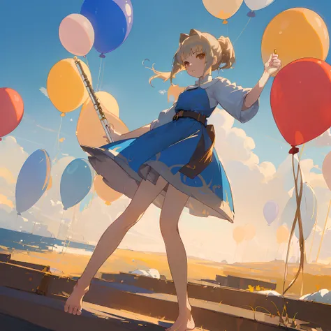 ((Masterpiece,Best quality)),1girll, Solo, Barefoot, Anime beautiful girl holding a silver flute instrument，Saber hairstyle，Coffee-colored hair，Sky blue dress,balloons，fully body photo，Stand up, leg belt,Narrow waist, Slim legs