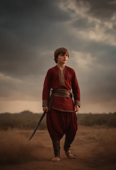 Will Byers wearing dhoti and angarkha, with sword and shield, in open ground, hyperrealistic, realistic, 8k image , high quality