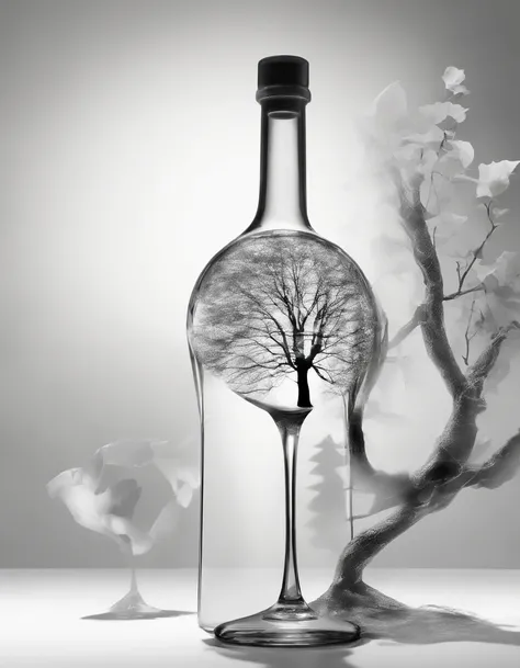 Double exposure effect:1.3) of a glass wine botle in a shape of a womans back reflecting on a mirrow (silhouette:1.1) superimposed against a White leaves tree negative space, ultra realistic photography, 8k, 3d render, photo