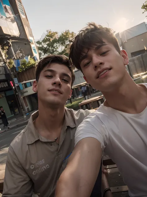 there are two handsome young men sitting together on a bench outside, hunter eyes, 8k raw photo, high sensitive, best quality masterpiece, handsome boy with real face, cyberpunk, candid picture, candid photo, with accurate face, two young men, very artisti...