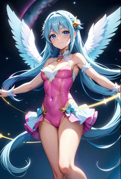 Super Idol　a beauty girl　A charming smile　sky blue hair　length hair　Twin-tailed　Glittery bright pink and white and blue and yellow leotards　facing front　Angel large wings on the back 7 colors　Mystical　Fantasia　constellation　a moon　Crystal Brilliance　Aurora...