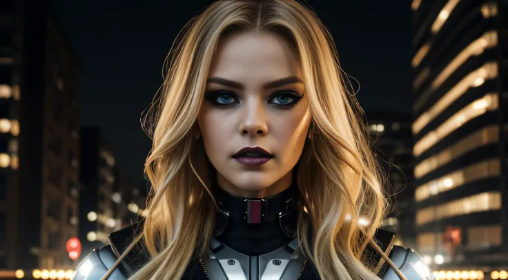 beautiful young cyborg woman with long flowing blonde hair with a cyberpunk urban background, high detail face, beautiful eyes, sensual lips, serious expression on her face, ((looking directly at viewer)), smoky eye make-up, black lipstick, vampire