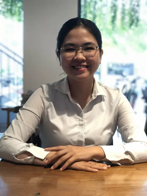 smiling woman sitting at a table with a glass of wine, mai anh tran, nivanh chanthara, inspired by Ruth Jên, phong shaded, vietnamese woman, by Ruth Jên, professional profile picture, hoang long ly, professional picture, hoang lap, quy ho, dang my linh, ph...