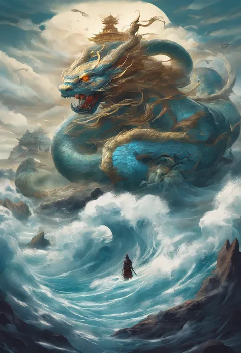 china style，Chinese mythology，Xuanwu，faucet，Tortoise body，Heavy tortoiseshell shell，The tail of the snake grows，the presence of horns on the head，tosen，Ferocious，immensity，Eyes emit blue light，Mare，Huge waves，Surrounded by clouds，中景 the scene is，Full body ...